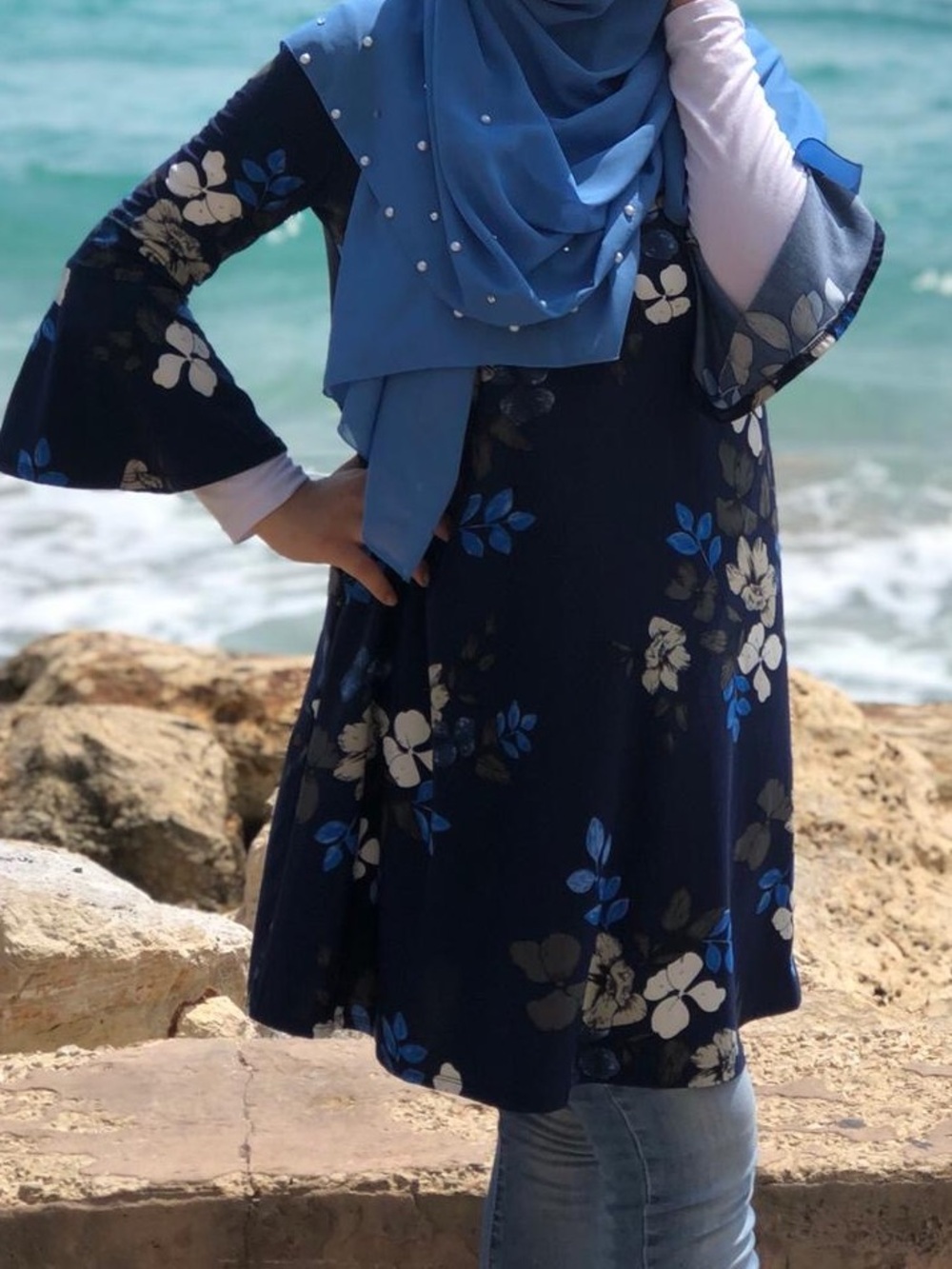 Navy Floral Tunic with Scarf